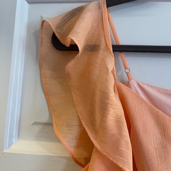 Halston peach gold metallic cold shoulder midi Georgette formal dress 12 - Picture 13 of 14